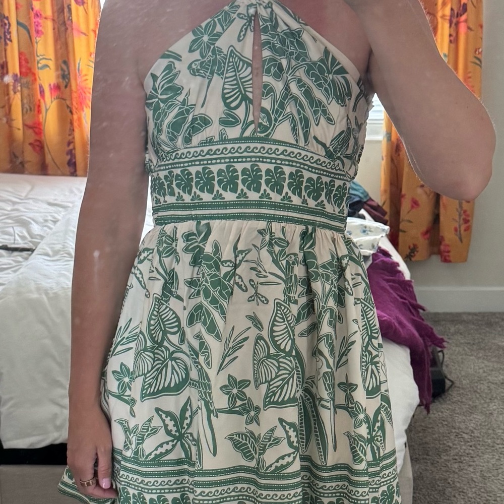 SHEIN Green and White Halter Sundress Fit and Flare